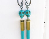 Turquoise .22 Skull Earrings- 18 Gauge Gunmetal Ear Hooks- Mixed Metal