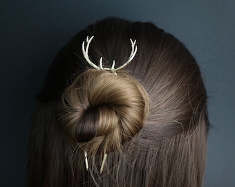Brass Deer Antler Hair Pin: Long Hair Fork, Wiccan Jewelry