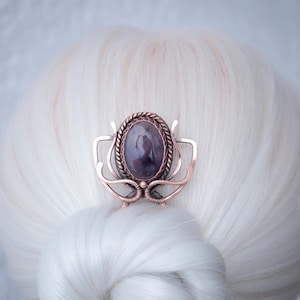 Wirewrapped copper hair fork for long hair. Hair comb with Amethyst. Hair pin. Haircomb, hairpin. Gift for girl friend, gift for sister