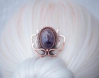 Wire Wrapped Copper Hair Fork with Amethyst: Oxidized Hair Pin