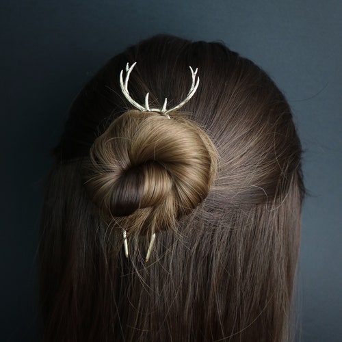 Brass Deer Antler Hair Pin: Long Hair Fork, Wiccan Jewelry