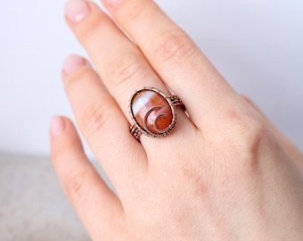 Ring van draadgewikkelde agaat: handgemaakte koperen stenen sieraden, Amerikaanse maat 9