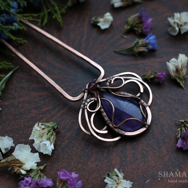 Wirewrapped copper hairpin for long hair. Haircomb with amethyst. Ready to ship.