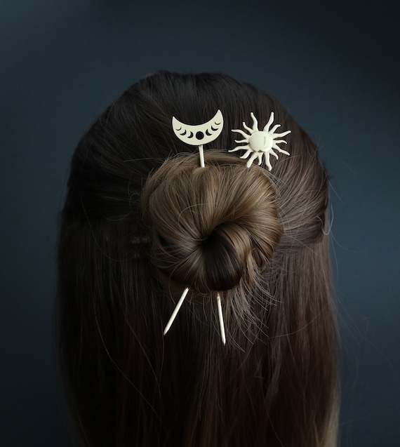 Brass Sun & Moon Hair Pin Set: Esoteric Wiccan Jewelry - Etsy display picture 1