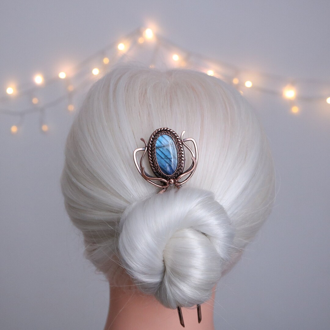 Wirewrapped Copper Hair Pin for Long Hair. Hair Comb With Labradorite