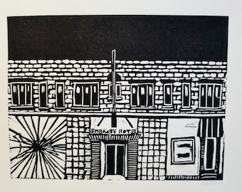 The Embassy, Relief Print, Linocut, Black and White, Print, Printmaking, Punk, London Ontario, Hand Pulled Print, Edition, Music Venue