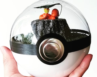 Könnte beinhalten: Ein durchsichtiger Pokeball aus Glas mit einem schwarzen Band und weißem Hintergrund. Im Inneren des Pokeballs befindet sich ein kleiner, schwarzer, felsartiger Aufbau mit einer kleinen orangefarbenen und roten Pokemon-Figur, die darauf sitzt. Die Figur befindet sich unter einem kleinen grünen Blatt.
