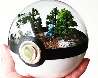 May include: A terrarium inside a white and black Poké Ball. The clear dome reveals a miniature forest scene with a blue figure. The base is white with a black band and a silver button.