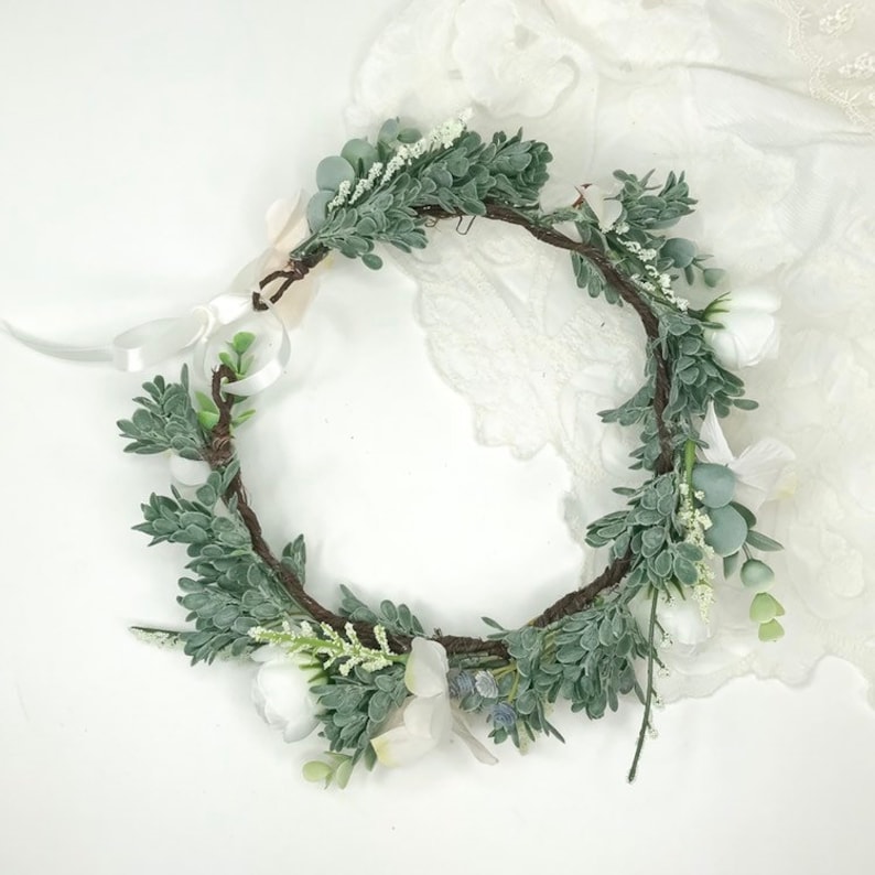 Woodland Wedding Crown Adjustable Crown Astilbe and Hydrangeas White Ranunculus Eucalyptus Greenery Crown White Meadow Crown
