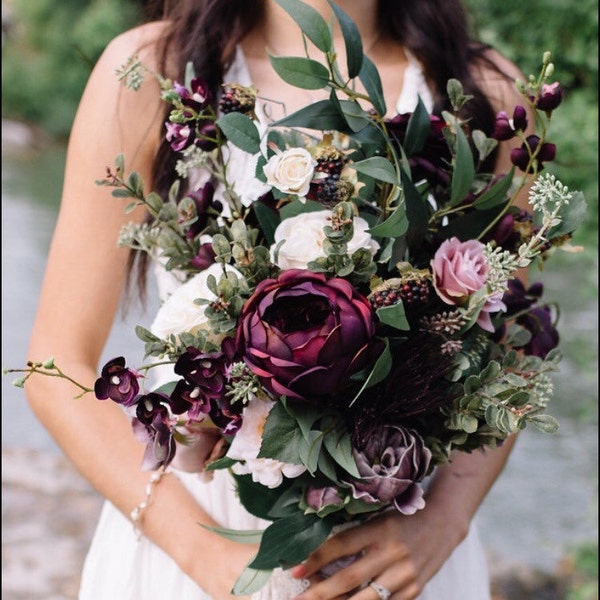 Mountain Meadow Wedding Bouquet | Large Bohemian Wedding Bouquet | Plum Toned Bouquet | Blackberry Bouquet
