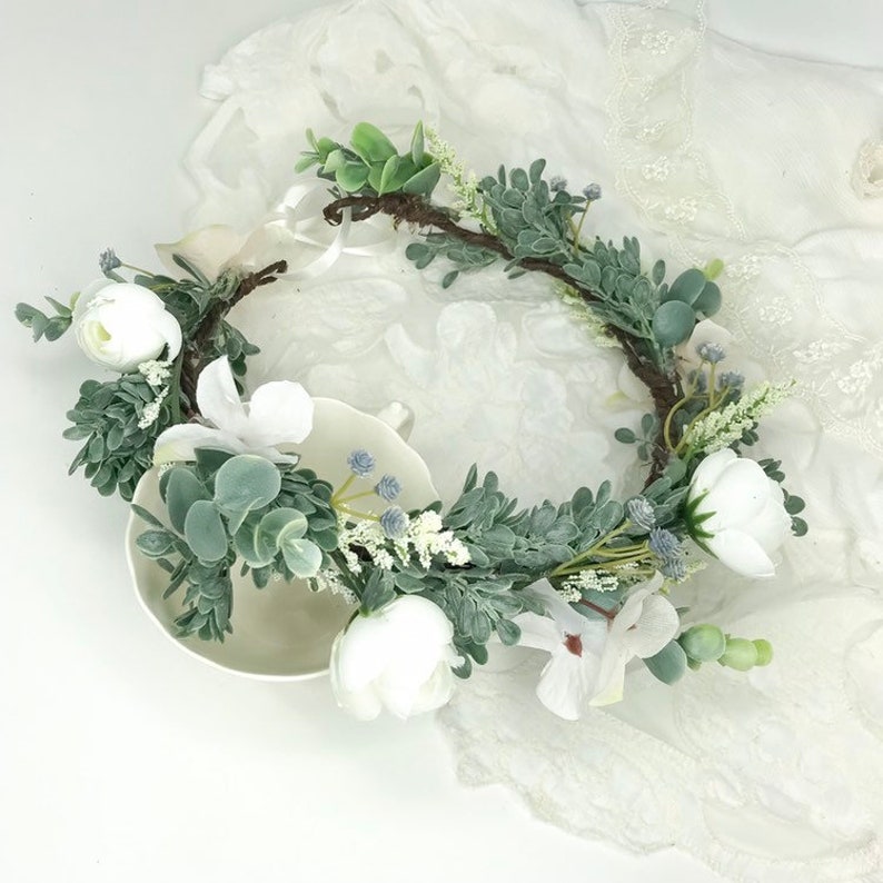 Woodland Wedding Crown Adjustable Crown Astilbe and Hydrangeas White Ranunculus Eucalyptus Greenery Crown White Meadow Crown
