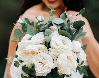 Ivory and Eucalyptus Bridal Bouquet- Silk flowers | Silver Dollar Eucalyptus with Ivory Garden Roses, Peonies, Cupped Roses and Ranunculus