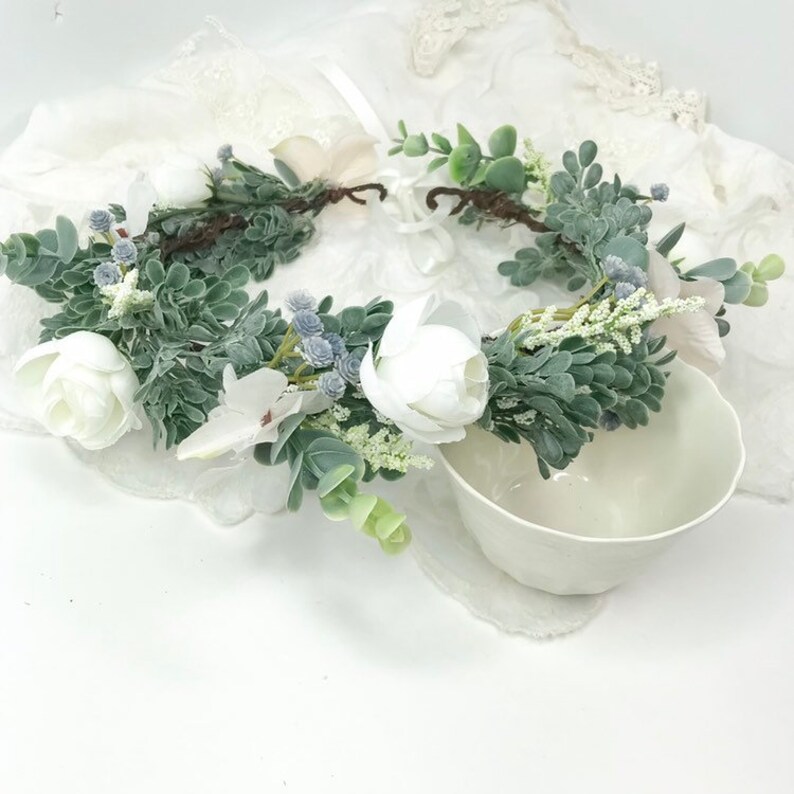 Woodland Wedding Crown Adjustable Crown Astilbe and Hydrangeas White Ranunculus Eucalyptus Greenery Crown White Meadow Crown