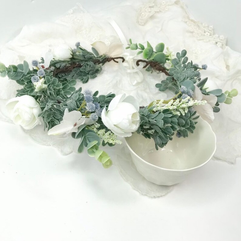 Woodland Wedding Crown Adjustable Crown Astilbe and Hydrangeas White Ranunculus Eucalyptus Greenery Crown White Meadow Crown