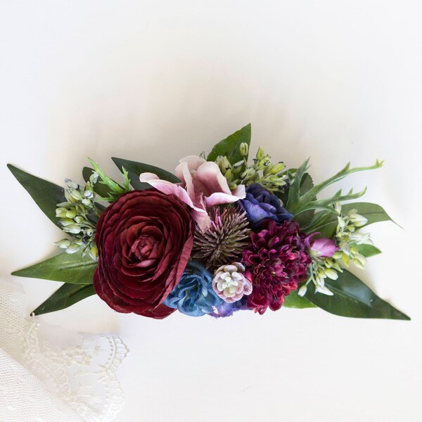 Plum & Blue Barrette or Comb. Silk Flowers. Thistle Flower Clip or Comb with Succulents