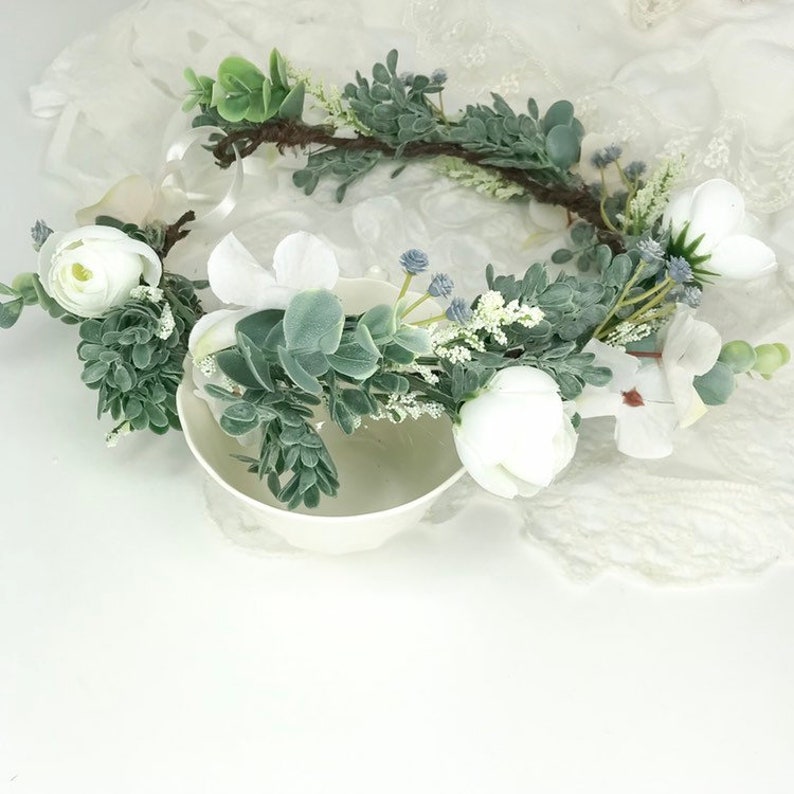 Woodland Wedding Crown Adjustable Crown Astilbe and Hydrangeas White Ranunculus Eucalyptus Greenery Crown White Meadow Crown