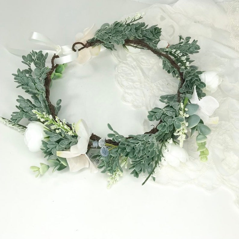 Woodland Wedding Crown Adjustable Crown Astilbe and Hydrangeas White Ranunculus Eucalyptus Greenery Crown White Meadow Crown
