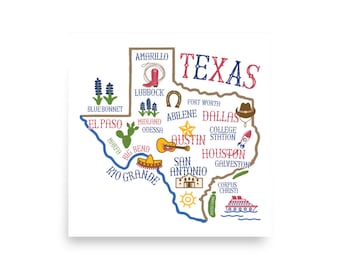 Impresión de mapa ilustrado de Texas