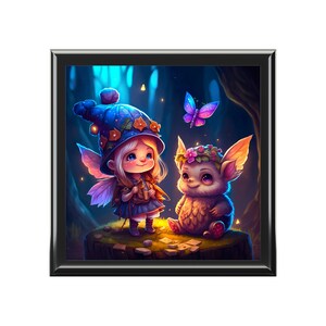 May include: A blue fairy with wings and a purple flower crown holds a small cup, looking at a furry creature with a flower crown and large ears. The scene is set in a dark forest with glowing lights and a butterfly.