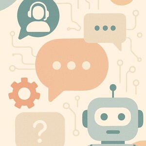 May include: Illustration of a light blue robot with the letters "AI" on its chest, surrounded by speech bubbles and circuit-like lines. The image has a soft, pastel color palette, suggesting a theme of artificial intelligence and customer service.