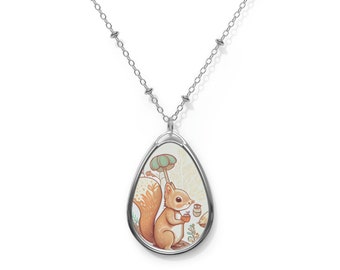 Cute Squirrel Oval Necklace - Brass Pendant with White Aluminum Print Surface