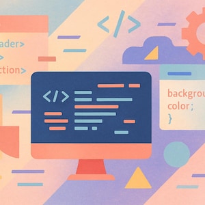 May include: Illustration of a computer screen displaying code, with elements like a gear, code snippets, and HTML tags. The color palette includes shades of orange, blue, and purple, suggesting a tech or coding theme.