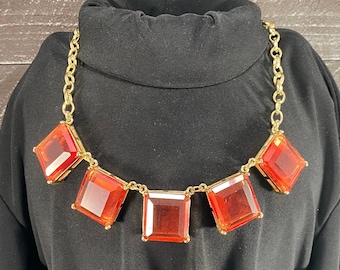 Bib Choker Necklace, Statement Glamour Jewelry, Vintage Bavette Necklace with Rustic Orange Glass Squares in Gold Tone Chain, Bib Necklace
