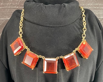 Bib Choker Necklace, Statement Glamour Jewelry, vintage Bavette Necklace with Rustic Orange Glass Squares in Gold Tone Chain, Bib Necklace