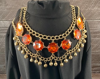 Bavette Statement Necklace, Glamour Jewelry, Chunky Bib Necklace with Orange Gemstones