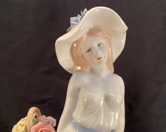 Porcelain Figurine Mid-Century Modern Woman with Flower Basket Elegant Statue, Fine Art Sculpture, 1980's