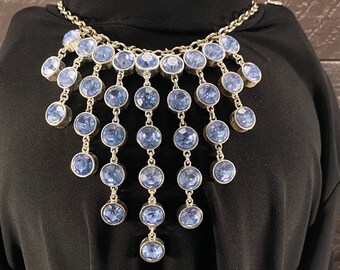 Vintage Jennifer Lopez Statement Necklace with Blue Rhinestone and Silver, Waterfall Dangle Chandelier Necklace by JLo, Used Glamour Jewelry