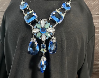 2028 Juliana Black-Tone Jet Sapphire Blue Faceted Statement Bib Necklace, Costume Jewelry, Fashion Necklace