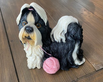 Shih Tzu Dog Bank, Black and White Long Haired Penny Bank, Vintage Puppy Figurine, Statue Shih Tzu Doggy, Piggy Bank