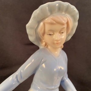 Porcelain Figurine Statue of Young Woman with Flower Basket Wearing A Bonnet, Collectible Sculpture Young Girl, Home Decor Knick Knack
