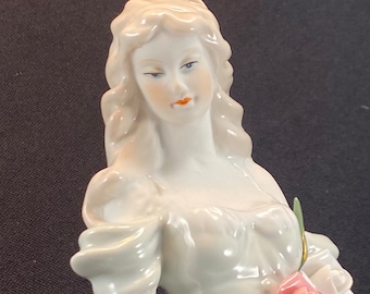 Fine Art Porcelain Figurine Sculpture, Young Lady Figurine Statue with Puppy Holding A Bouquet of Flowers, Goddess Glamour Woman Figurine