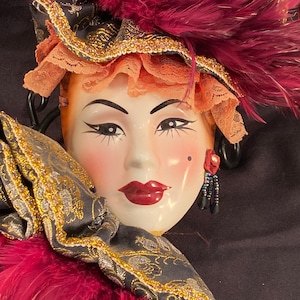 Ceramic Wall Face Mask Woman with Ostridge Feather Hat and Collar, Wall Art, 1980&#39;s Vintage Face-Mask Clay Art Ceramic