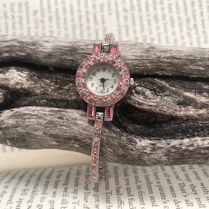 Ladies Wrist Watch, Battery Operated Japan Movement, Pink Rhinestone Wrist Watch Silver Jeweled Linked Band, Jewelry Watch Time Keeper