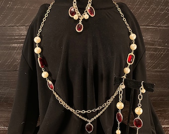 Jewelry Set Necklace Bracelet Lobe Earrings with Ruby Rhinestones Gold Tone Chain, Vintage Costume Jewelry