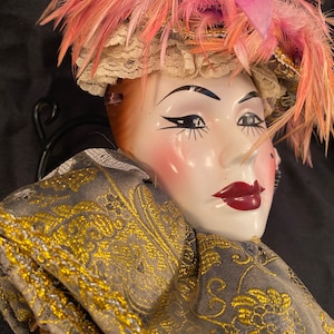 Mask, Ceramic Wall Mask Woman with Ostridge Feather Hat and Collar, AS IS, Vintage Wall Art, 1980&#39;s Vintage Face-Mask Clay Art Ceramic