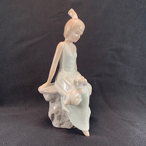 Porcelain Figurine Fine Art Statue - Girl with Puppy - Young Woman Sculpture - Vintage Porcelain Home Decor