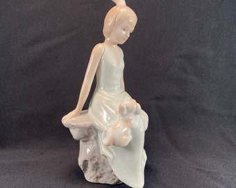 Porcelain Figurine Fine Art Statue - Girl with Puppy - Young Woman Sculpture - Vintage Porcelain Home Decor
