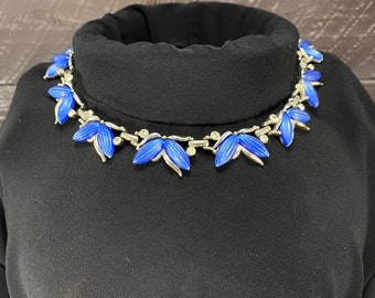 Kramer Chollar Bib Necklace Blue with Diamond Rhinestones, 50's 60's Costume Jewelry Statement Necklace, Fashion Jewelry