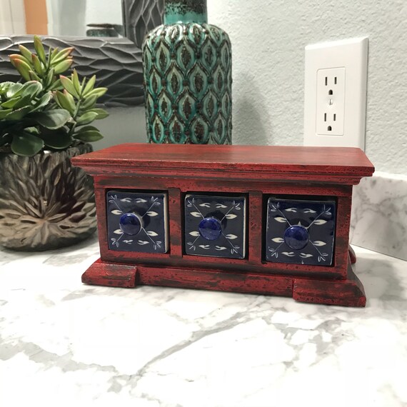 Apothecary Spice Cabinet Ceramic Drawer Jewelry Box Herb Wooden Tea Bag Storage Hand Painted Medicine