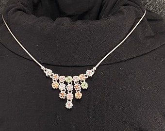 Sterling Silver Necklace with Multi-Colored Rhinestones, Choker, 925 SS Italy, Cluster Flower Shape Pendent, Unique Gift