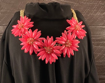 Bib Necklace Vintage Pink Beaded Cactus Dahlia Statement Necklace with Crystal Rhinestones