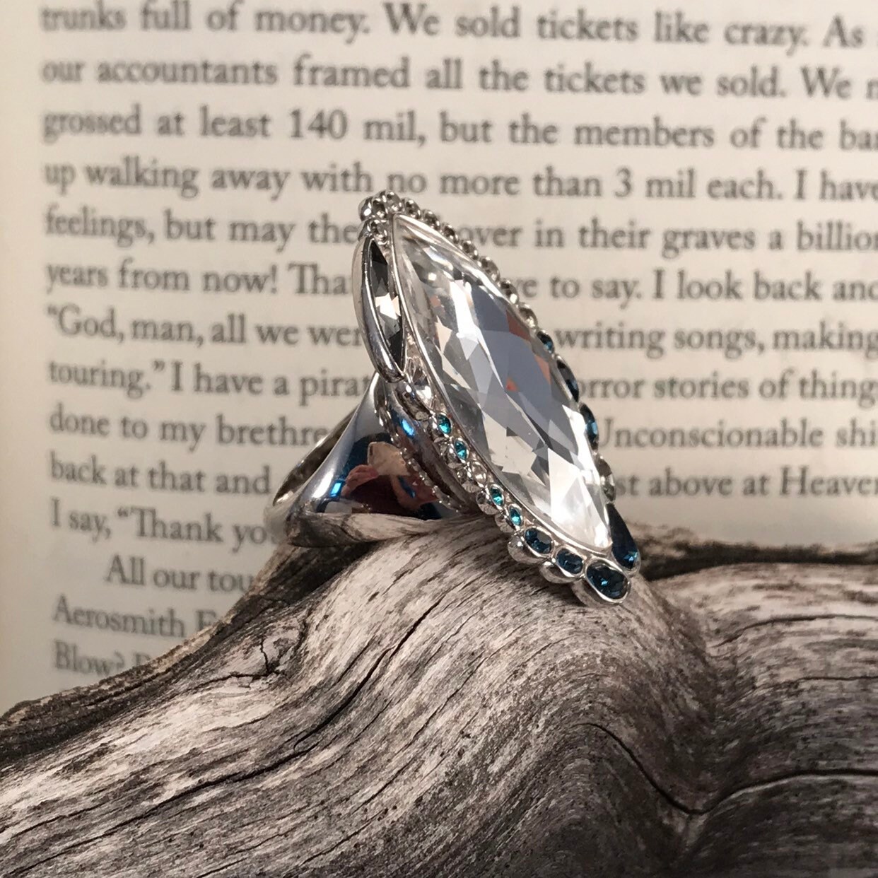 Big Bold Statement Ring Large Diamond With Blue Rhinestones, Vintage