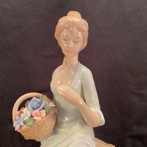 Porcelain Figurine Mid-Century Modern Woman with Flower Basket Elegant Statue, Fine Art Sculpture, 1980&#39;s