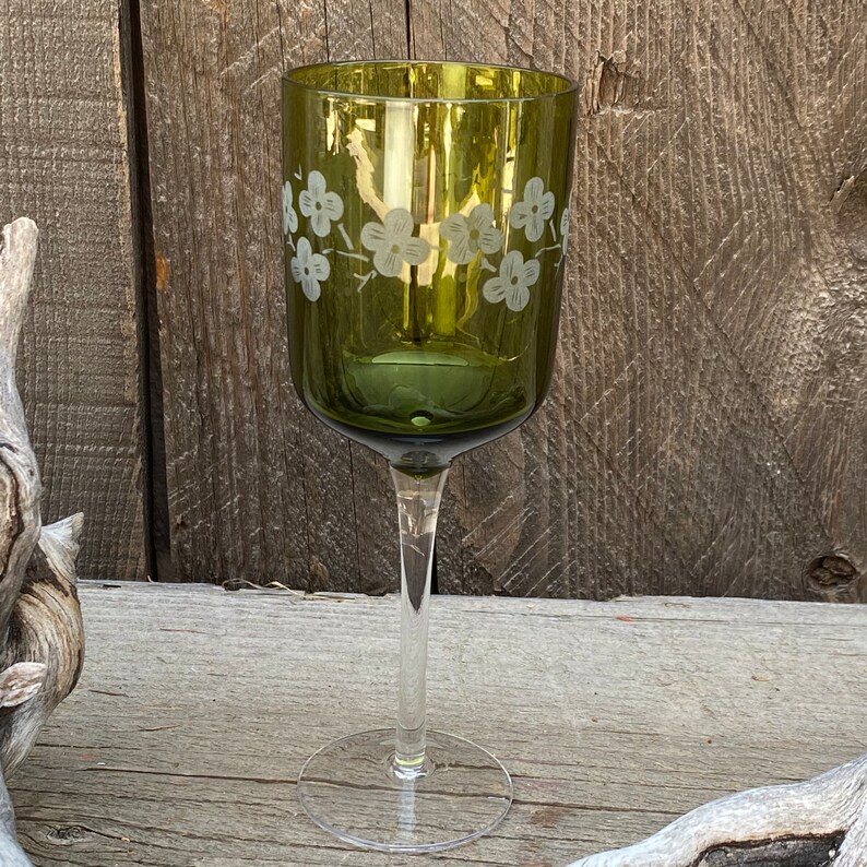 Wine Glass Vintage Green Long Stemmed Goblet With Etched Etsy