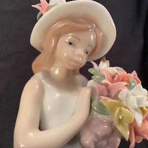 Porcelain 1980&#39;s Vintage Figurine Formalities by Baum Bros, Girl in Floral Dress with Bouquet of Flowers Wearing A Hat, Rare Find