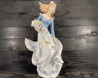 Vintage Fine Porcelain Woman Figurine, Mid-Century Modern Sculpture, Flower Basket
